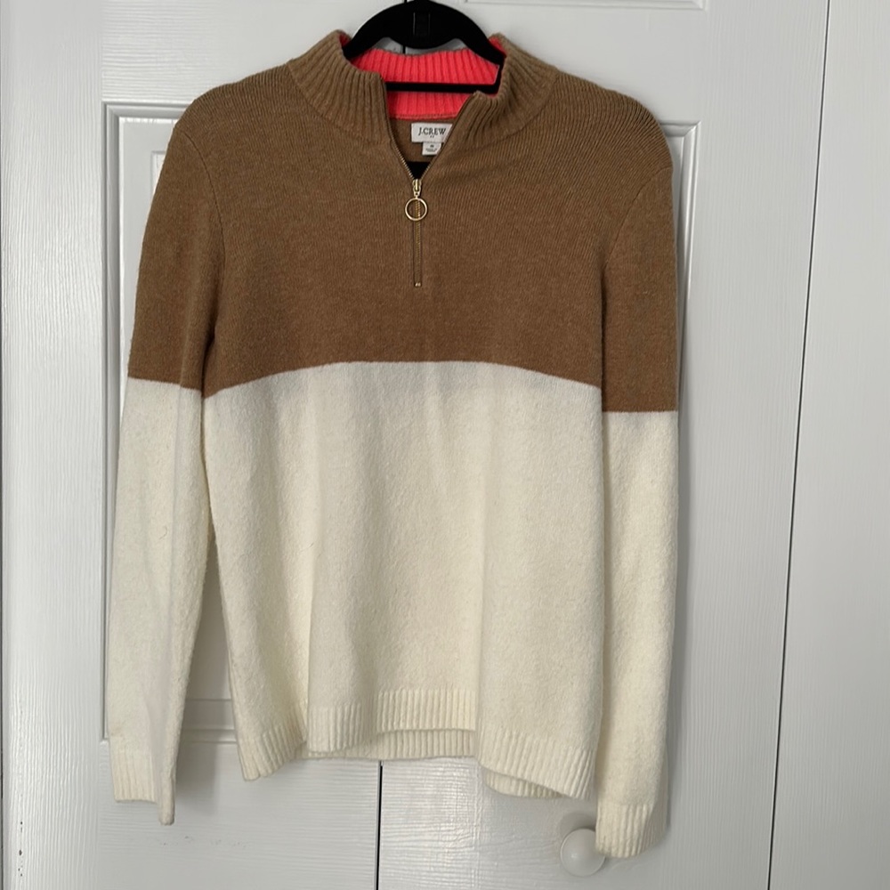 J. Crew Colorblock Soft Quarter Zip - Tan/ White (S). EUC!